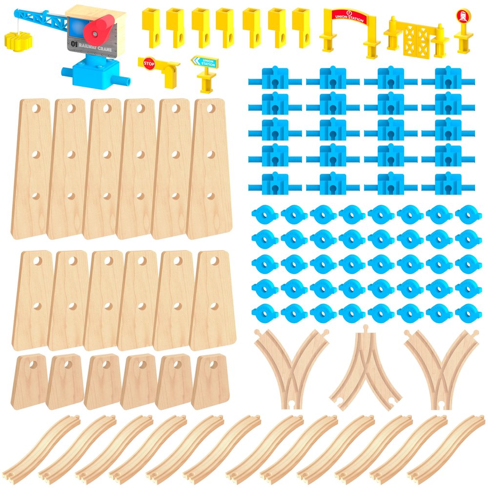 Wooden Train Tracks Build & Play Construction Set 115PCS Modular Railway STEM Toys Track Expansion Pack #3 | Build Crane Tower Bridge Ascending Track Accessories Compatible with Thomas Brio ORBRIUM