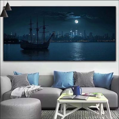 Boat Paint by Numbers for Adults, Moon Paint by Number Acrylic with 3 Brushes, DIY Painting by Numbers for Kits, DIY Canvas Oil Painting Kit for Home Wall Decor Gift (Without Frame) 20x60cm V-351