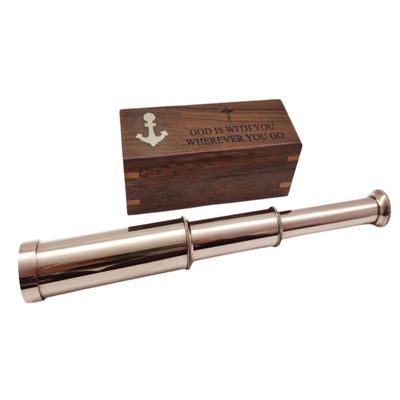 God is with You Quote | Vintage Brass Spyglass Telescope with Wooden Box, Handheld Antique Nautical Pirate Telescope, Maritime Collectible for Home Office Decor & Gift