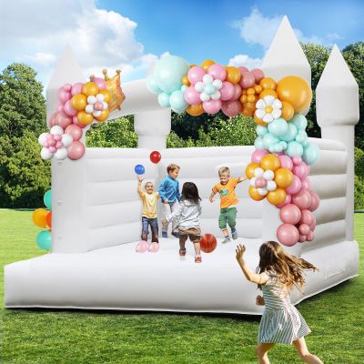 14FT White Bounce House, 100% PVC Outdoor Inflatable Castle for Kids - Fun Bouncy Castle, Easy to Set up Jumpy House with Slide and Ball Pit for Holidays, Yard Decorations, and Parties