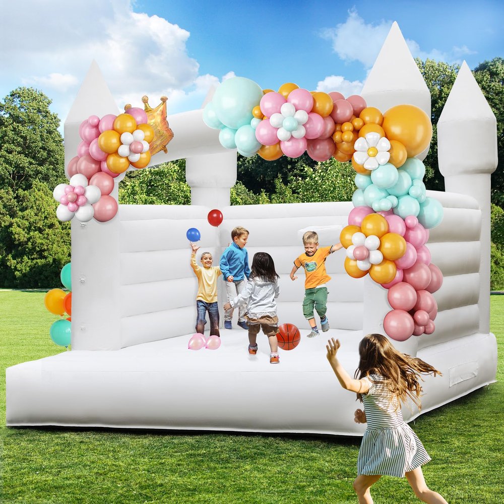 14FT White Bounce House, 100% PVC Outdoor Inflatable Castle for Kids - Fun Bouncy Castle, Easy to Set up Jumpy House with Slide and Ball Pit for Holidays, Yard Decorations, and Parties