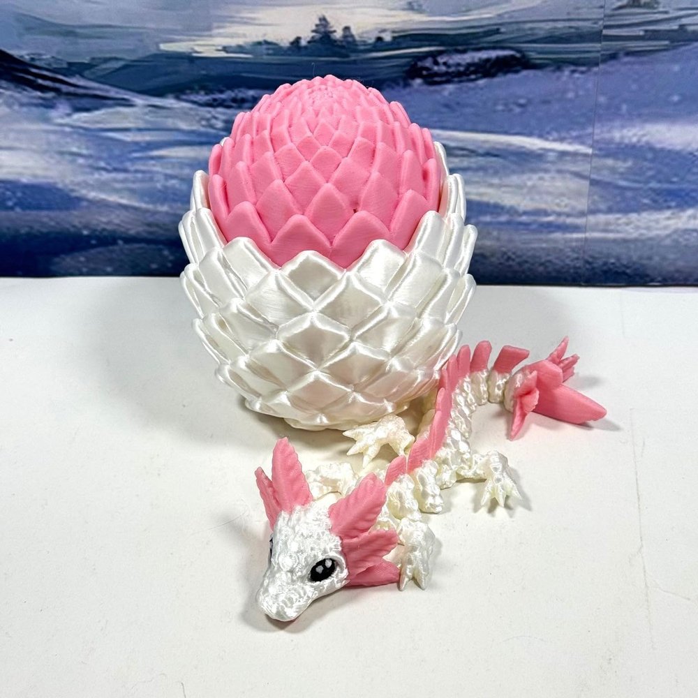 3D Printed Mushroom Baby Dragon with Dragon Egg, Articulated 6" White and Pink Axolotl Dragon, Fidget ADHD Autism Toy BD008WP-WPE