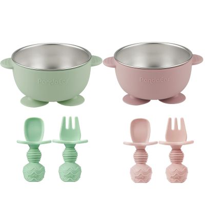 PandaEar 2 Pack Stainless Steel Baby Suction Bowls & 4 Pcs Silicone Baby Utensils Set, Non-Slip Toddler Food Bowls with Silicone Sleeve & Anti-Choke Spoon Fork Set for Babies Led Weaning