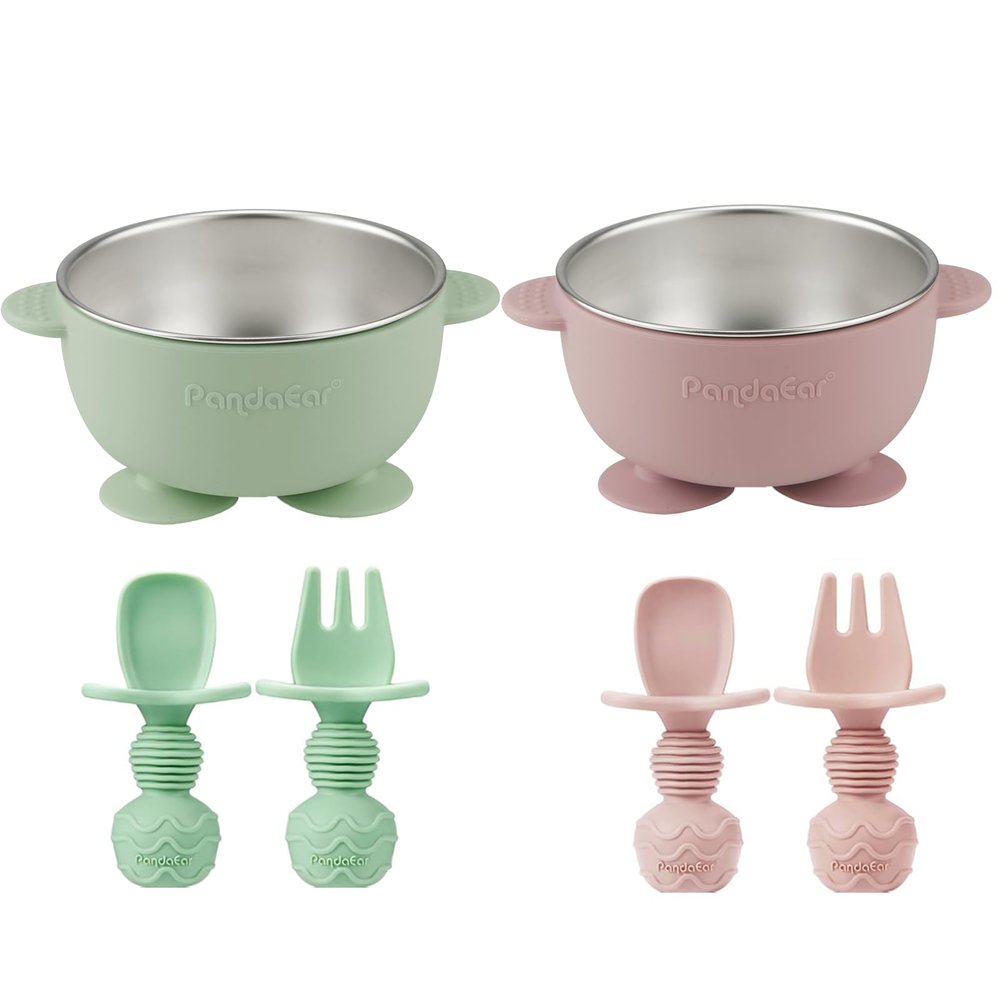 PandaEar 2 Pack Stainless Steel Baby Suction Bowls & 4 Pcs Silicone Baby Utensils Set, Non-Slip Toddler Food Bowls with Silicone Sleeve & Anti-Choke Spoon Fork Set for Babies Led Weaning
