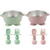 PandaEar 2 Pack Stainless Steel Baby Suction Bowls & 4 Pcs Silicone Baby Utensils Set, Non-Slip Toddler Food Bowls with Silicone Sleeve & Anti-Choke Spoon Fork Set for Babies Led Weaning view 1