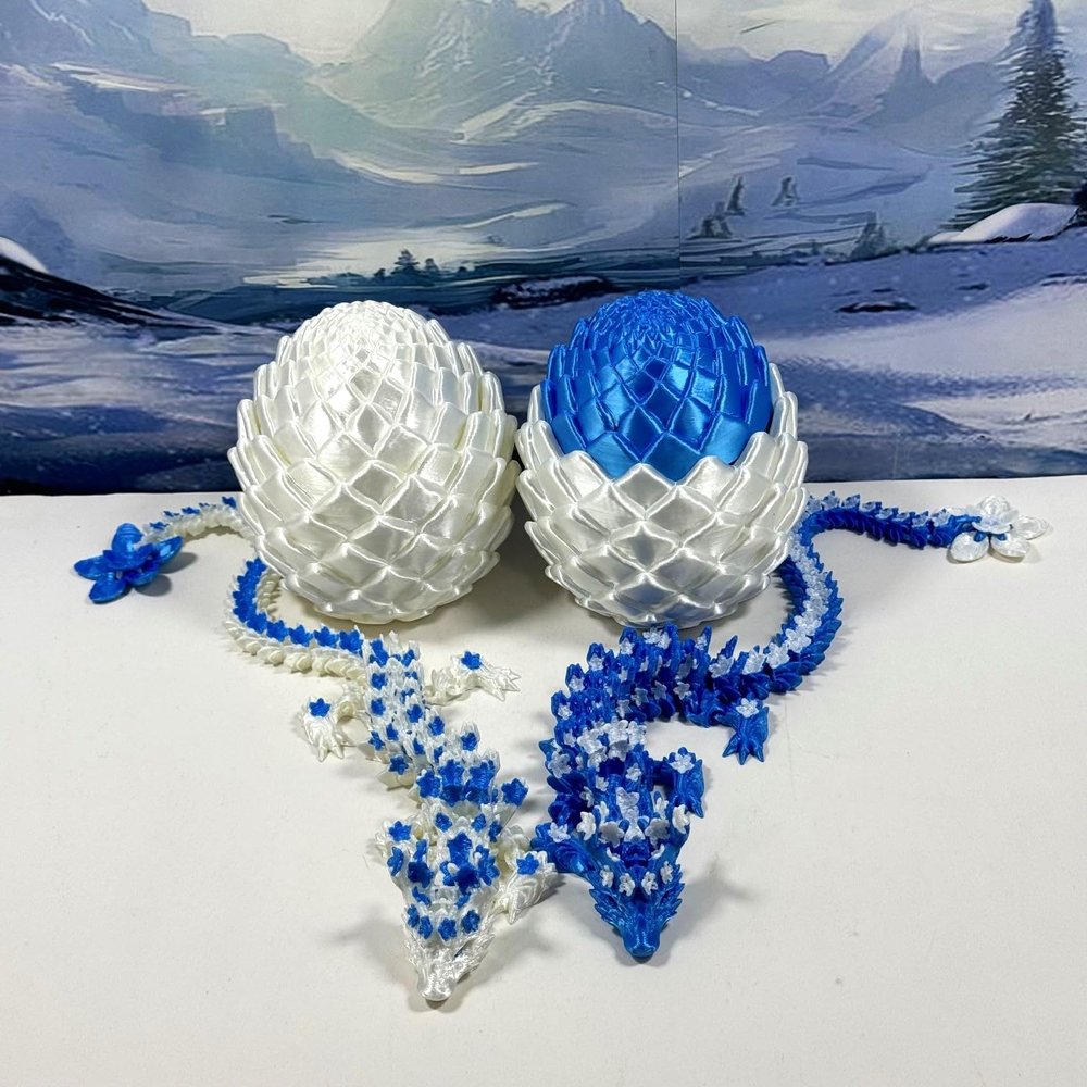 2pcs 3D Printed Dragons, Articulated Blue and White Cherry Blossom Dragons with Dragon Eggs, Home Office Desk Decor Fidget ADHD Autism Dragon Toys IHWD072-IHWD073
