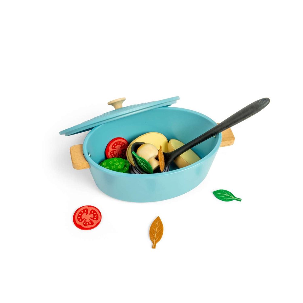 Bigjigs Toys 17 Piece Wooden Casserole Dishes for Kids, Role Play and Kitchen Accessories for Kids, 18+ Months
