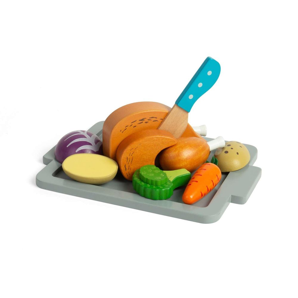 Bigjigs Toys Roasting Dinner Set - 12-Piece Wooden Toys for Children, Kitchen Sets & Accessories, Toddler Role Play, Cooking Gifts for Children, Age 18 + Months