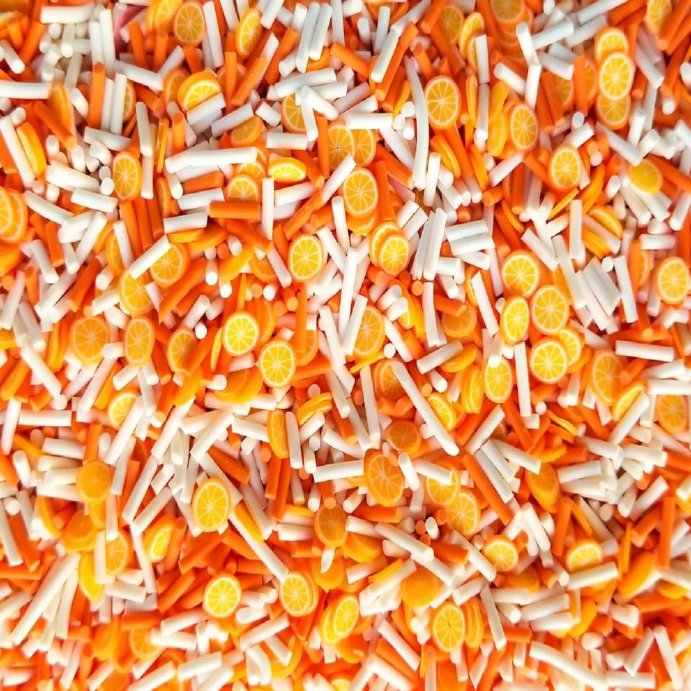 Bright Orange and White Polymer Clay Fake Sprinkles with Citrus Slices, Decoden Funfetti Jimmies (Container)