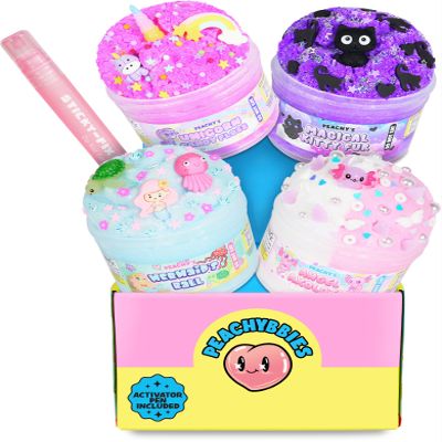 Peachybbies Slime 4-Pack Fantasy Bundle, Unicorn Candy Floss, Mermaid's Ball, Angel Axolotl, Magical Kitty Fur, Includes Slime Activator, Easter Basket Stuffers, Sensory Toys for Kids, Made in USA