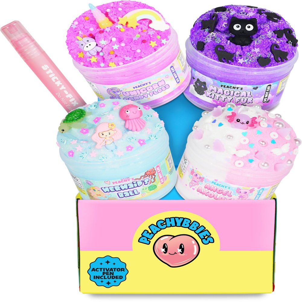 Peachybbies Slime 4-Pack Fantasy Bundle, Unicorn Candy Floss, Mermaid's Ball, Angel Axolotl, Magical Kitty Fur, Includes Slime Activator, Easter Basket Stuffers, Sensory Toys for Kids, Made in USA