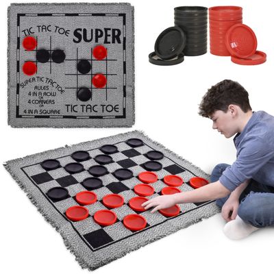 3-in-1 Vintage Giant Checkers Set, Tic Tac Toe with Reversible Mat, 24 Jumbo Chips, Family Board Game, Lawn Game, BBQ Party Favor, Indoor and Outdoor Activity for Kids and Adults