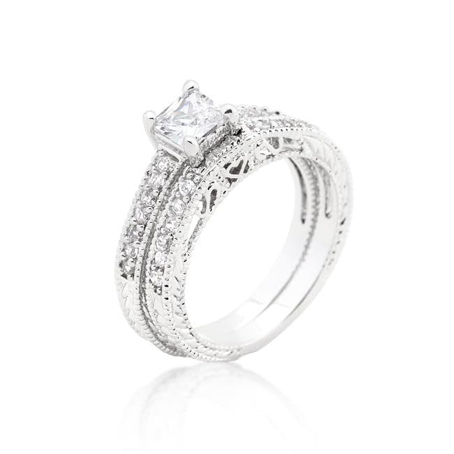 Princess Cut Filigree Bridal Ring Set Size 8