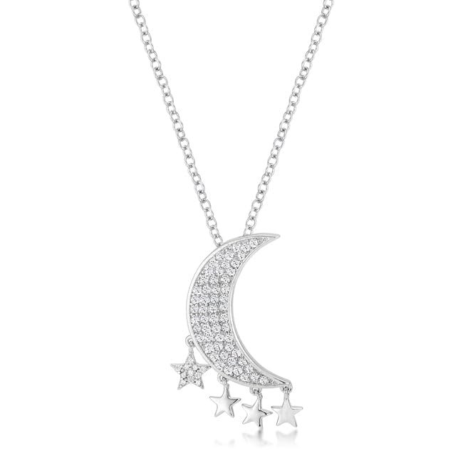.6Ct Rhodium Moon and Stars Necklace with CZ