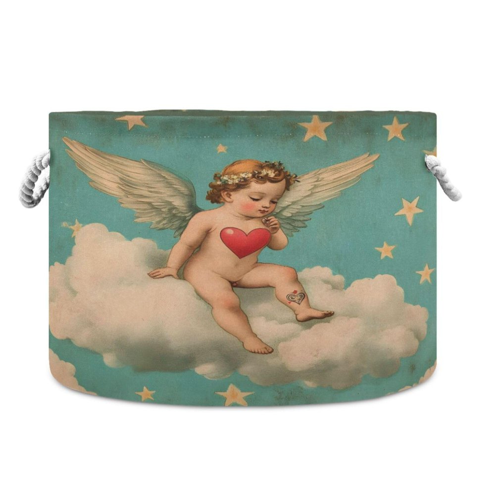 SEHANY Cute Baby Angel Large Round Storage Basket with Rope Handle, Canvas Laundry Hamper for Blankets Storage, Nursery Kids Storage Basket for Bedroom Bathroom Nursery Decor