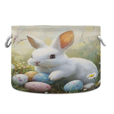 SEHANY Easter Cute Bunny Large Round Storage Basket with Rope Handle, Canvas Laundry Hamper for Blankets Storage, Nursery Kids Storage Basket for Bedroom Bathroom Nursery Decor