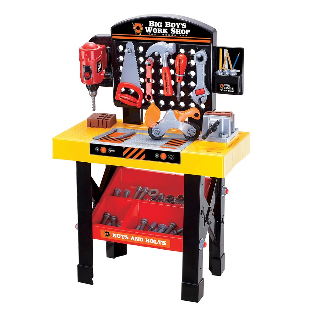 World Tech Toys Big Boys Tool and Bench Playset - Toy Drill Press, Bench Vise, Wrench, Saw, Hammer, and More - Play Tool Set for Kids 3 4 5 6 7 8 9 10
