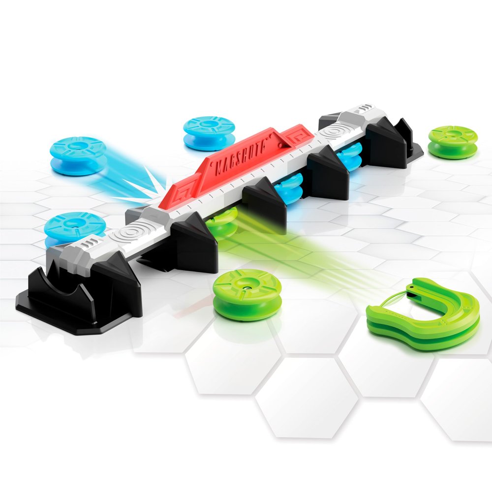 Fat Brain Toys Magshuto Knockout Rail, Magnetic Trick Shot System, Unique 2 Player Magnet Launching Game for Kids and Tweens Ages 6 and Up