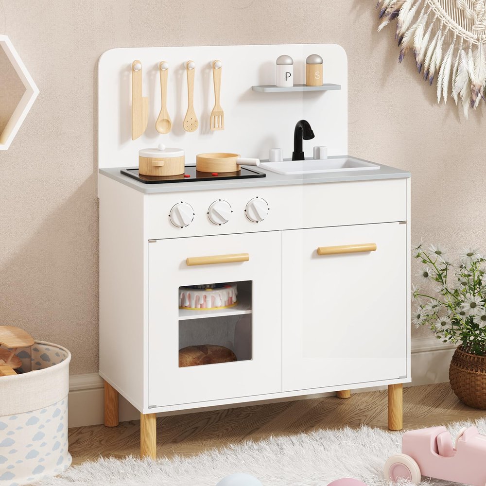Costzon Kids Kitchen Playset, Wooden Pretend Play Kitchen with Lights and Sounds, Stoves, Sink & Faucet, Oven, Cooking Accessories, Toy Kitchen Set for Toddlers, Gift for Boys Girls Ages 3+ (White)