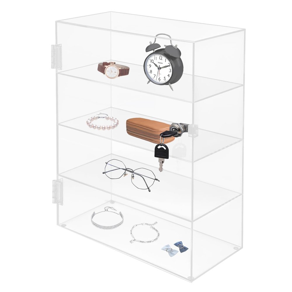 4-Tier Acrylic Display Case, Clear Jewelry Storage Box Art Collection Stand Showcase Display Cabinet with Lock Key for Stores Display Collectibles Figures, 11.81x5.9x15.75inch