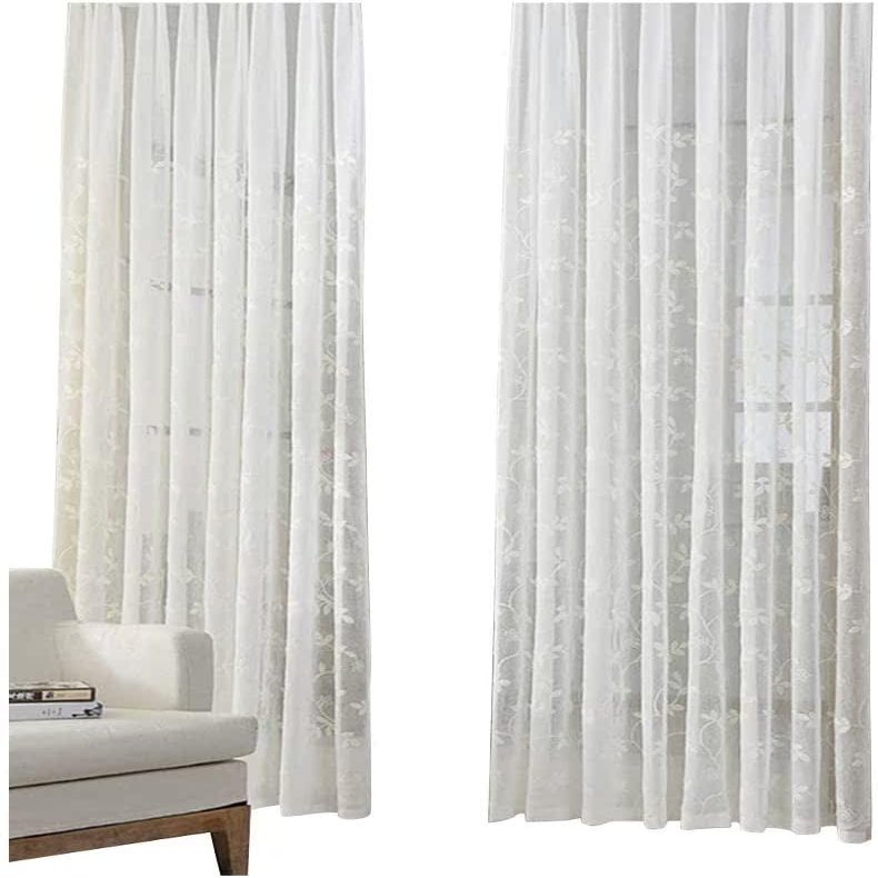 HooHero White Sheer Curtains Window Treatments Rod Pocket Gauze Fabric for Living Kids Baby Room Bedroom Floral Embroidered Countryside Pastoral Style