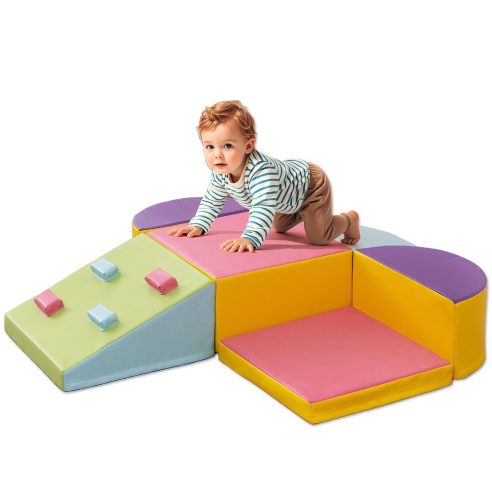 Costzon Toddler Climbing Toys Indoor, 6 Pieces Soft Play Blocks with EPE Foam, PU Leather Cover & Vivid Colors for Inside Climb and Crawl Activity, Foam Climbing Blocks for Toddlers Baby Kids