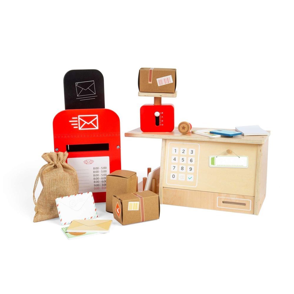 Bigjigs Toys Post Office Set - 20 Pieces Wooden Postie Play Set, Toddler Fantasy Play Sets and Accessories, Role Play Gifts for Kids, Age 3 Years
