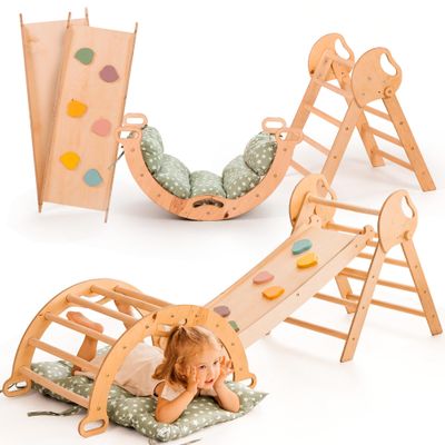 Goodevas 5-in-1 Toddler Climbing Toys Indoor Set - Pikler Triangle, Climbing Arch, Balance Cushion, Montessori Climbing Gym for Toddlers 1-3, Foldable Wooden Baby Activity Center, Jungle Gym for Kids