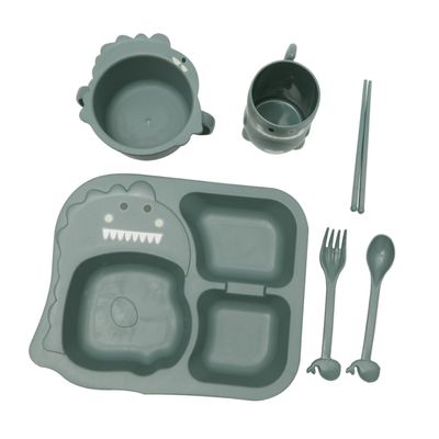 Abaodam Dinosaur Theme Boy Girl Tableware Set Eco-friendly Meal Plate Bowl Cup Spoon Fork Chopsticks Durable Lightweight Dinnerware for Boy Girl Green Set