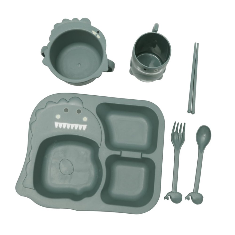 Abaodam Dinosaur Theme Boy Girl Tableware Set Eco-friendly Meal Plate Bowl Cup Spoon Fork Chopsticks Durable Lightweight Dinnerware for Boy Girl Green Set