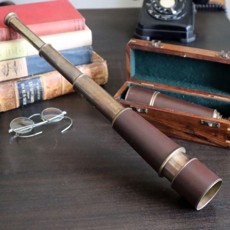 Antique Brown Brass Telescope with Brown Leather Cover on Top in Wooden Box Spyglass Pirate Ship Instrument 18 inches Best Gift Item