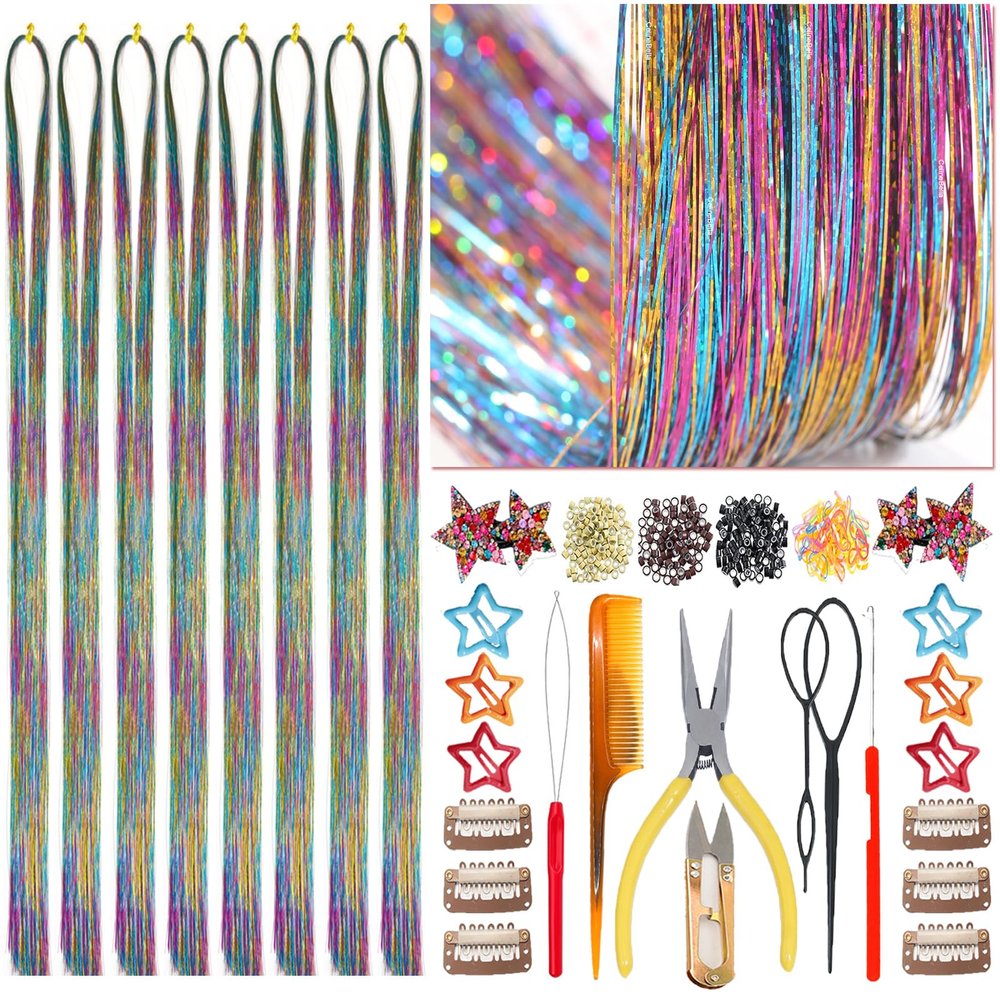 Celinebella Hair Tinsel Kit 8 Packs Rainbow Color 2000 Strands Heat Resistant 320F Complete Tool Kit for Women Teens Party Festival Concert Halloween Cosplay Hair Accessories