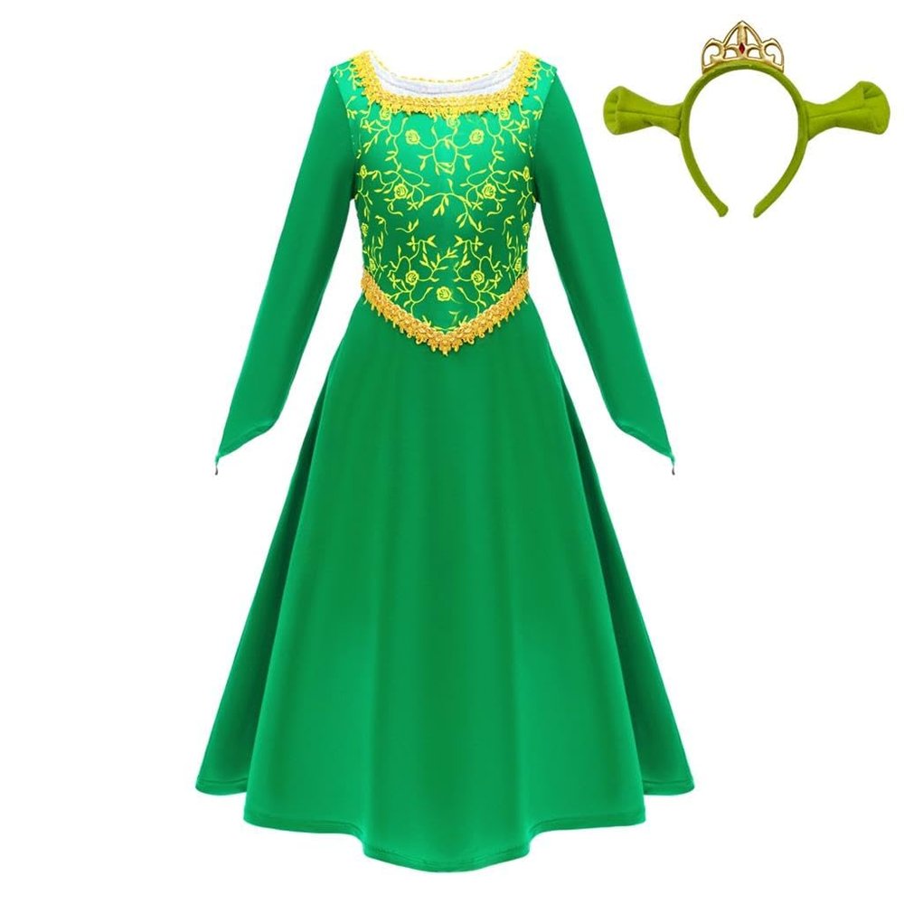 Dressy Daisy Little Girls Princess Ogre Halloween Costume Birthday Party Dress Up Green Gown with Ears & Crown Size 10-12