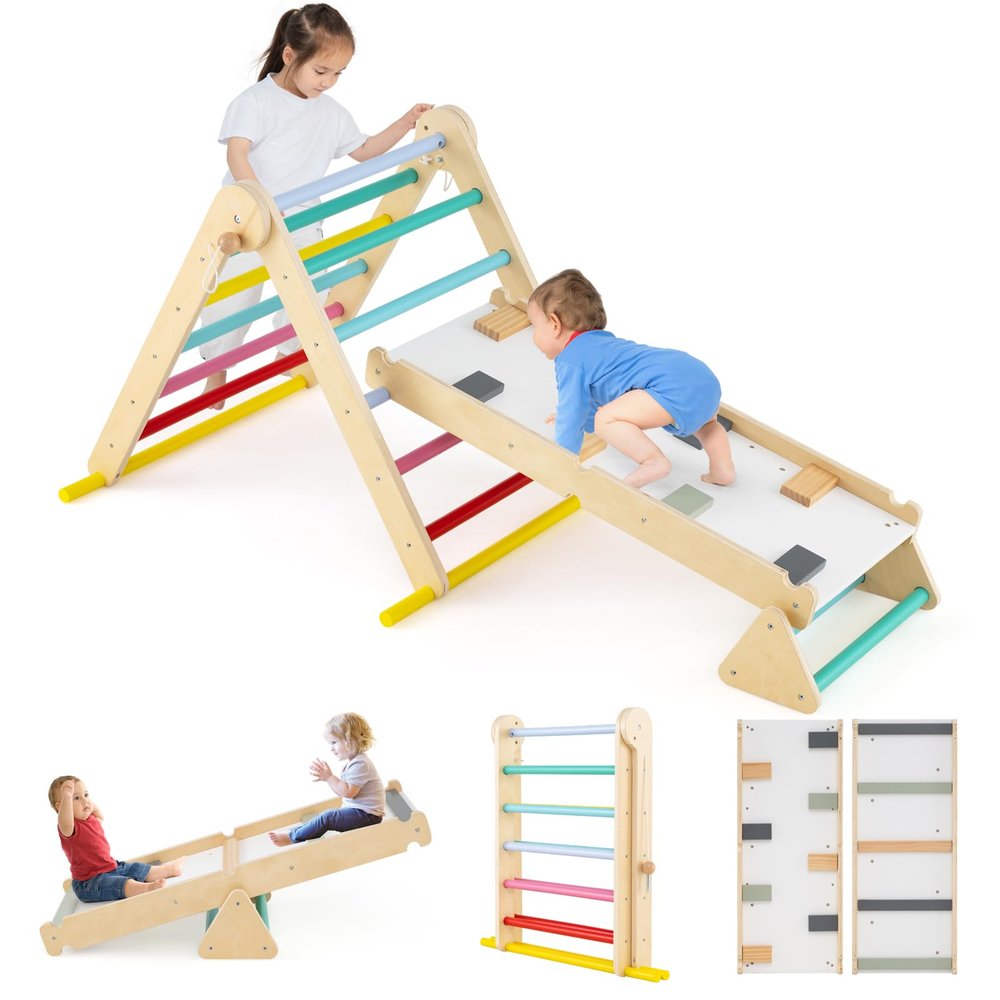 Olakids Pikler Triangle Set 7 in 1 Climbing Toys for Toddlers Foldable Baby Wood Montessori Jungle Gym with Angle Adjustable Ladder Seesaw Ramp Indoor Playground (Colorful)