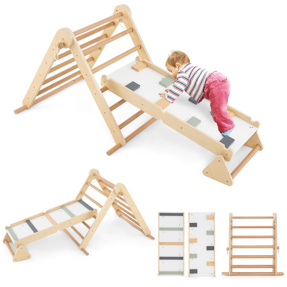 Costzon 3 in 1 Triangle Climbing Set, Kids Montessori Climbing Toys with Dual Side Ramp, Adjustable Climbing Triangle, Foldable Wooden Climber Jungle Gym for Toddlers Boys Girls 3+ Years Old