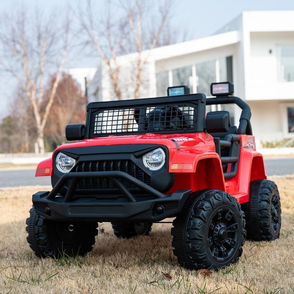 12V 7AH Kids Ride-On Truck Jeep, Electric Car with Parent Remote Control, Spring Suspension, LED Lights, Bluetooth, Music, Bright Red