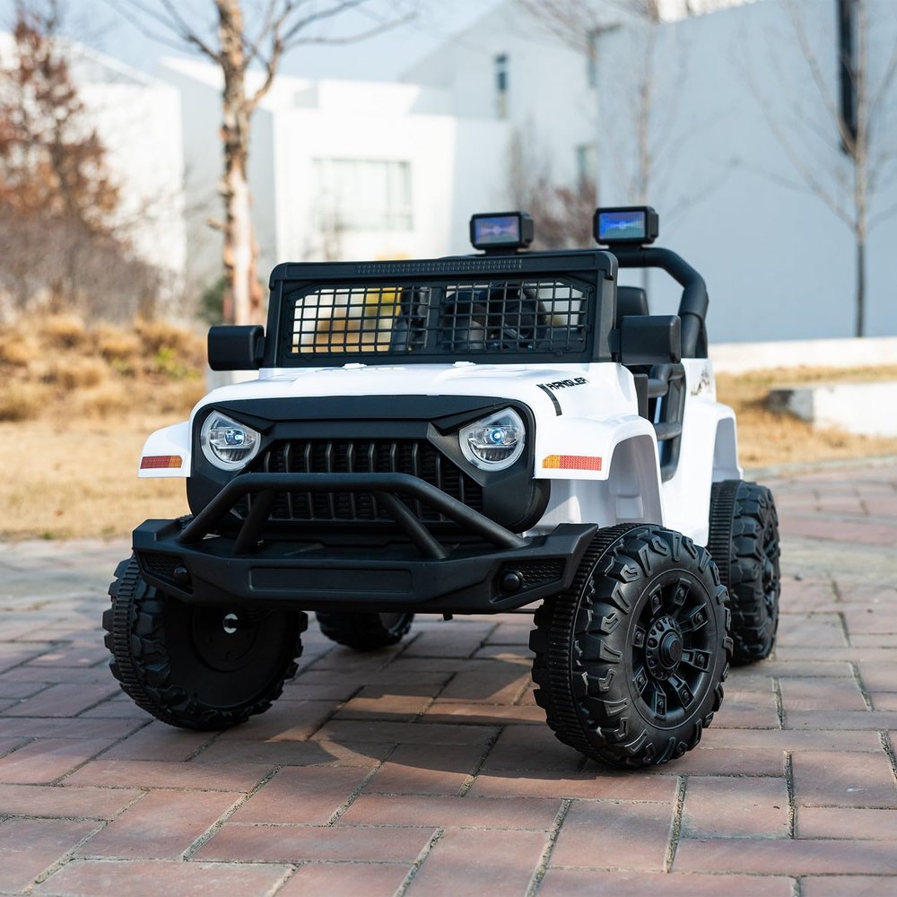 12V 7AH Kids Ride-On Truck Car, Electric Car with Parent Remote Control, Spring Suspension, LED Lights, Bluetooth, Music, White