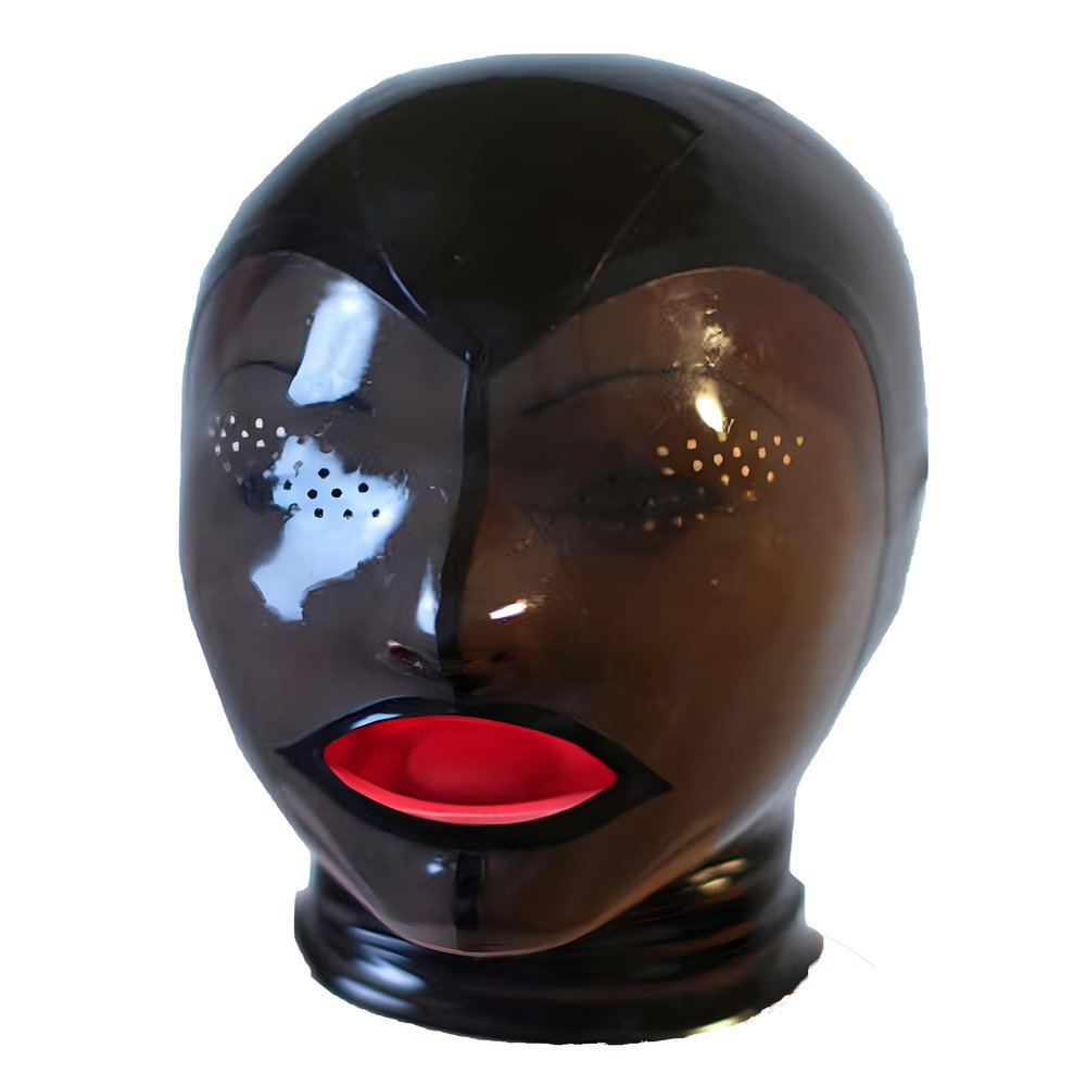 Full Cover Latex Hood Rubber Mask with Red Gag Eyes Open Mesh Hole Club Wear Cosplay (L)