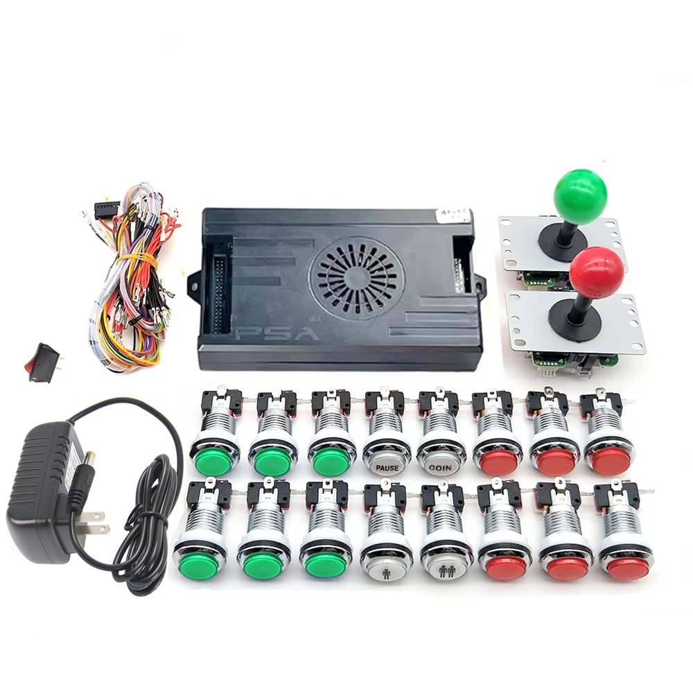 9800 in 1 Arcade Kit 3D Saga Box with Sliver LED Arcade Buttons Mame 5 Pin 8 Way Joystick Arcade DX Kit 4 Players Game for DIY Home Video Game (Red and Green)