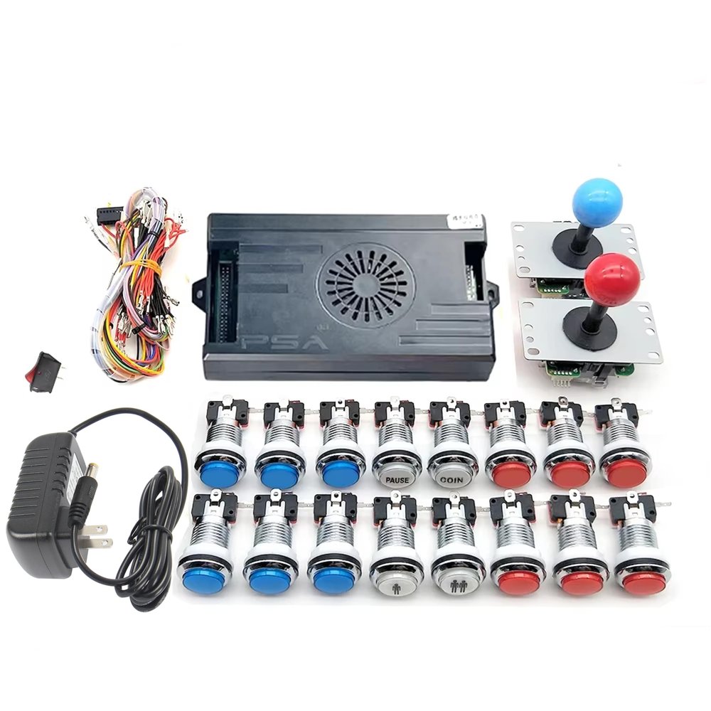 9800 in 1 Arcade Kit Saga Box with Sliver LED Arcade Buttons Mame 5 Pin 8 Way Joystick Arcade DX Kit 4 Players Game for DIY Home Video Game (Red and Blue)