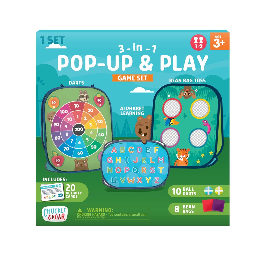 Chuckle & Roar - 3-in-1 Pop Up and Play Game Set - Active and Engaging Game Play - Collapsable Materials - Ages 3 and Up