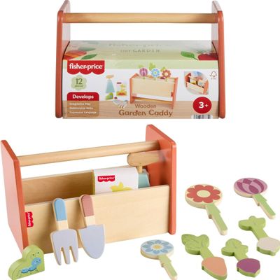 Fisher-Price Wood Pretend Play Toy Tiny Garden Caddy, 12-Piece Set with Wooden Tools & Plants for Preschool Kids Ages 3+ Years (Amazon Exclusive)