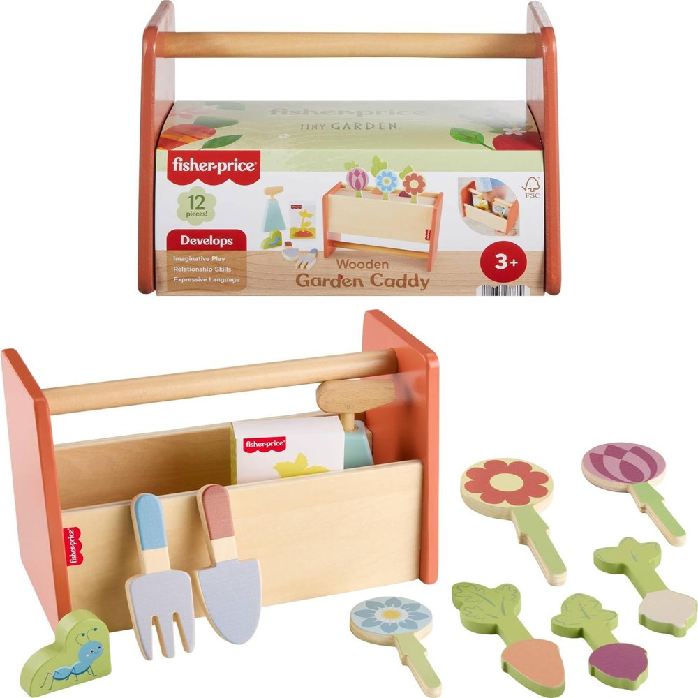Fisher-Price Wood Pretend Play Toy Tiny Garden Caddy, 12-Piece Set with Wooden Tools & Plants for Preschool Kids Ages 3+ Years (Amazon Exclusive)