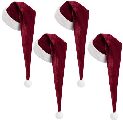 Cozypower 4 Pack Burgundy Santa Hats Velvet Long Unisex Extra Thicken Plush Christmas Hats for Adults Xmas New Year Gift