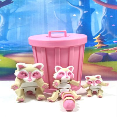 3pcs 3D Printed Racoon, Articulated Racoon with Trash Can, Small Medium Large Beige and Pink Racoon Fidget Toy, 3D Printed Trash Can, Articulated Tiny Animal Racoon Fidget AR007-SET-PINK