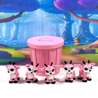 5pcs 3D Printed Reindeers with Trash Can, Articulated Tiny Animal Baby Reindeers, Pink Fidget Baby Reindeers, Executive Desk Home Decor Toy ABR001-PINKTC