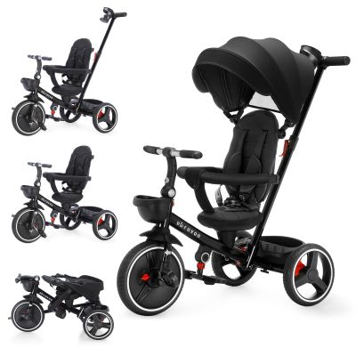6-in-1 Baby Tricycle, Folding Kids Trike with Adjustable Parent Handle, Safety Harness, Wheel Brakes, and Removable Canopy, Stroller Bike Gift for Toddlers (Black)