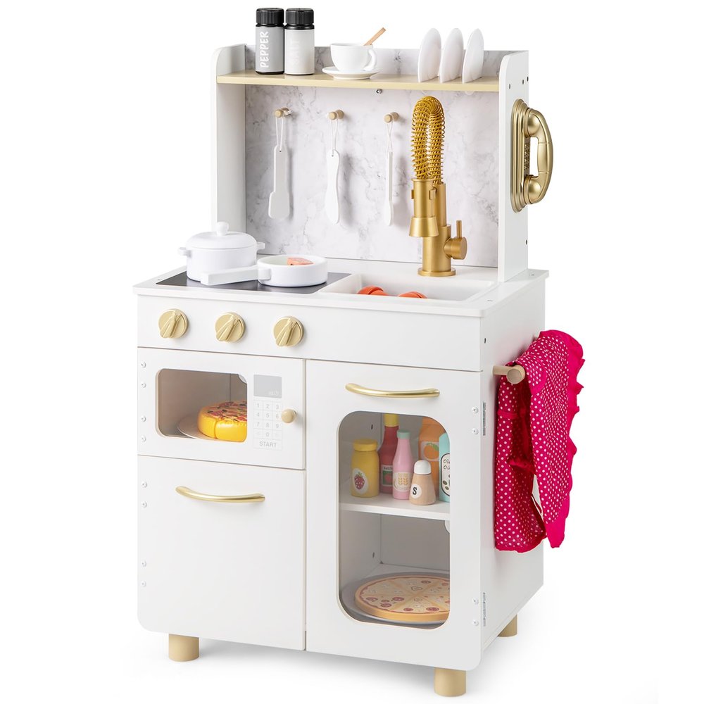 Costzon Kids Kitchen Playset, Pretend Play Kitchen with Pull-Out Faucet, Sink, Stoves, Telephone, Microwave, Oven, Dish Rack and Accessories, Toy Kitchen for Toddlers, Gift for Boys Girls Age 3+
