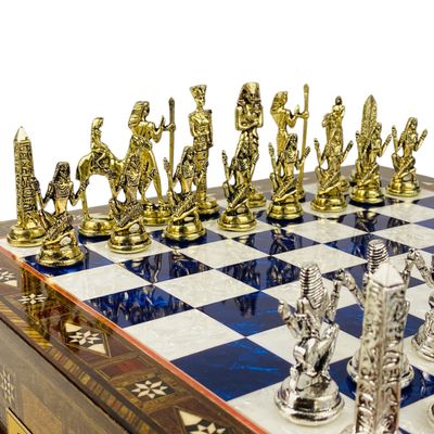 15" Ancient Egypt Themed Chess Set- Large Size Handmade Chessboard with Storage Drawer Antique Style Metal Chess Pieces- Unique Gift for Birthday (Blue Pearl)