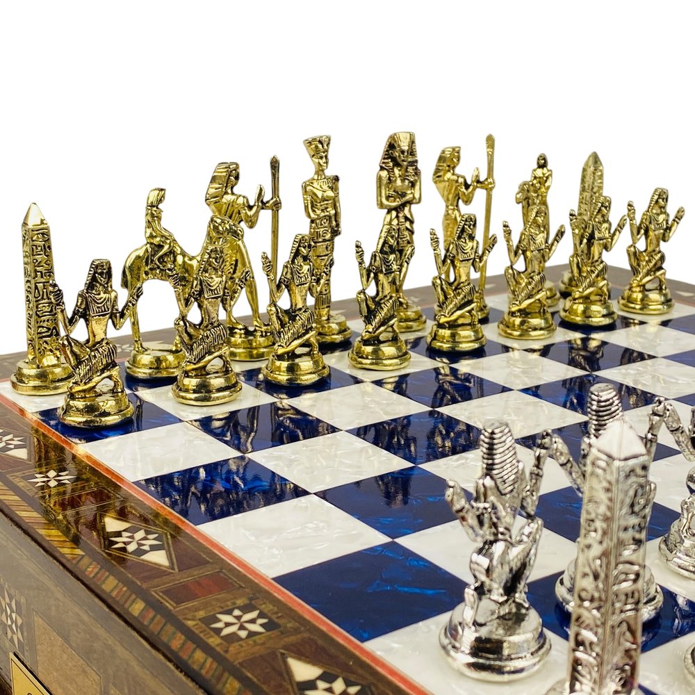 15" Ancient Egypt Themed Chess Set- Large Size Handmade Chessboard with Storage Drawer Antique Style Metal Chess Pieces- Unique Gift for Birthday (Blue Pearl)